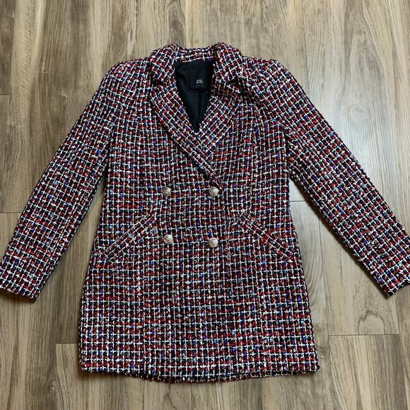 ASOS River Island Boucle Tweed Double Breasted Blazer Jacket Red Check Size 4 - Picture 5 of 11